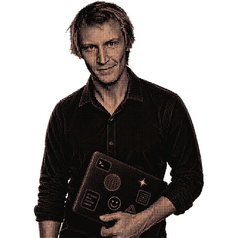 Portrait of Antti Vuoriainen holding a laptop.